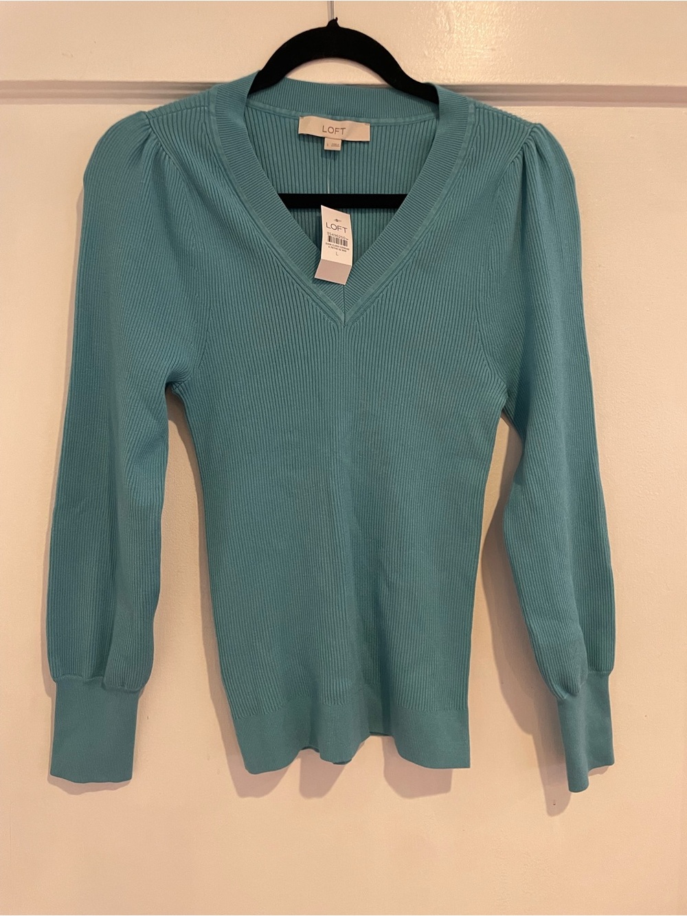 LOFT V-Neck Ribbed Sweater in Aqua Blue - Picture 2 of 4